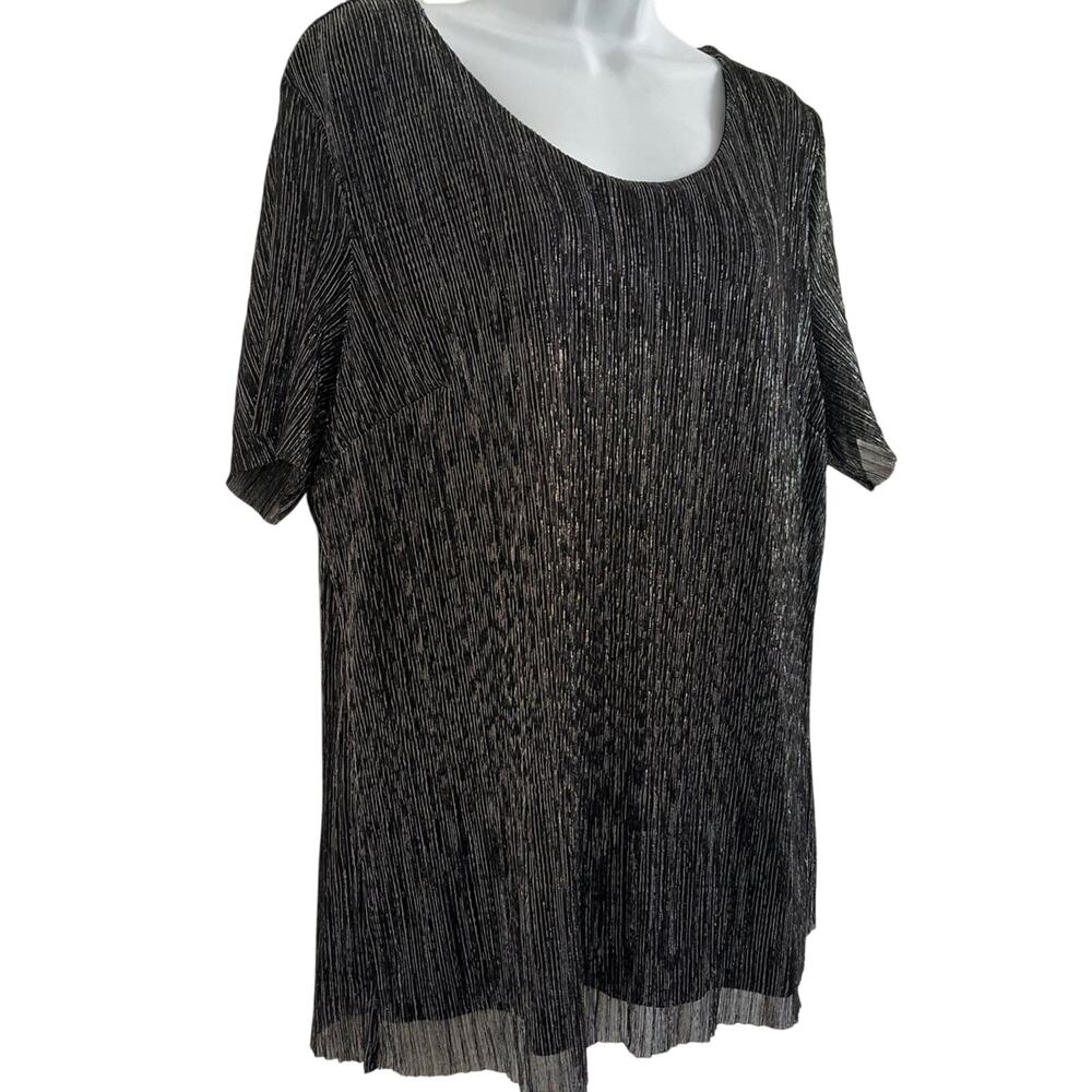 Jaclyn Smith Women's Short Sleeve Black Silver Top Blouse Metallic Shirred Sz 2X